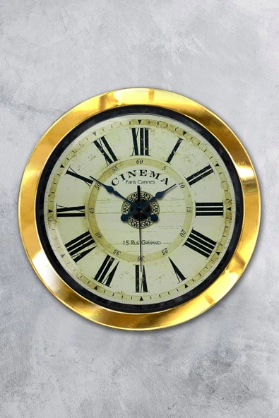 Platin Saat Hediyelik 36 Cm Gold Metal Cinema Duvar Saati