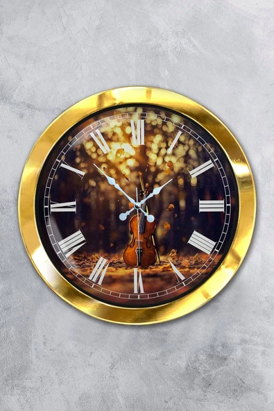 Platin Saat Hediyelik 36 Cm Gold Metal Çello Duvar Saati
