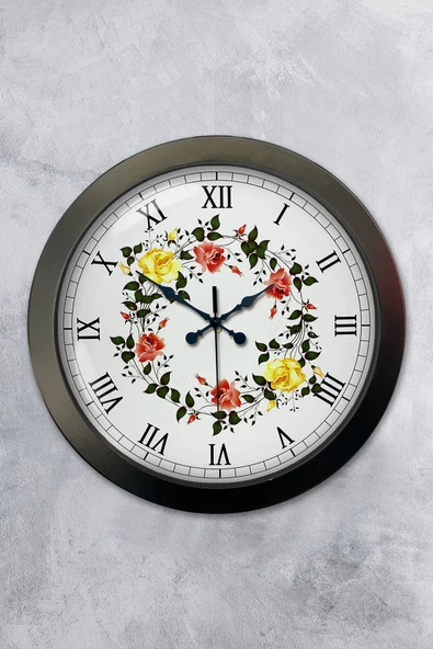Platin Saat Hediyelik 36 Cm Siyah Metal Çiçek Duvar Saati