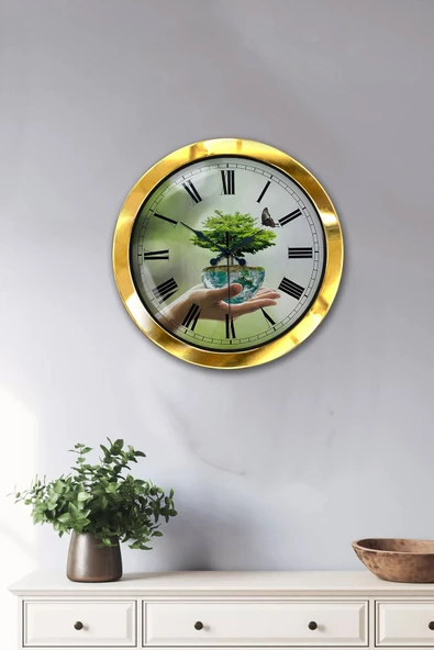 Platin Saat 36 Cm Gold Metal Iklim Temalı Duvar Saati - 2