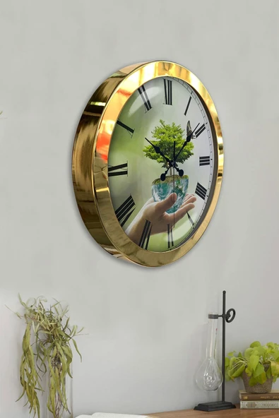 Platin Saat 36 Cm Gold Metal Iklim Temalı Duvar Saati - 4