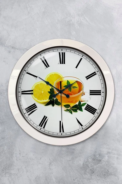 Platin Saat 36 Cm Beyaz Metal Limonlu Çay Duvar Saati