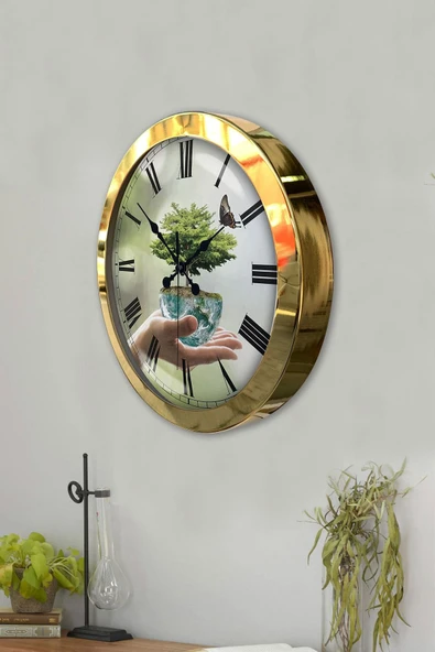 Platin Saat 36 Cm Gold Metal Iklim Temalı Duvar Saati - 3