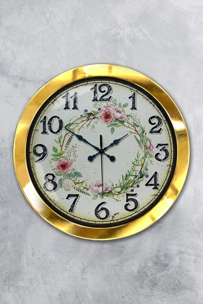 Platin Saat 36 Cm Gold Metal Çiçek Tacı Duvar Saati