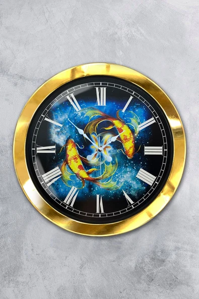 Platin Saat 36 Cm Gold Metal Balık Burcu Duvar Saati