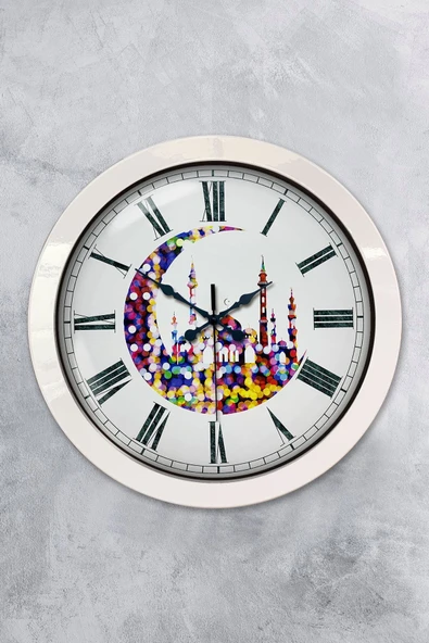 Platin Saat Hediyelik 36 Cm Beyaz Metal Hilal Ve Cami Duvar Saati