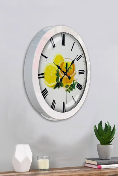 Platin Saat 36 Cm Beyaz Metal Limonlu Çay Duvar Saati - 4