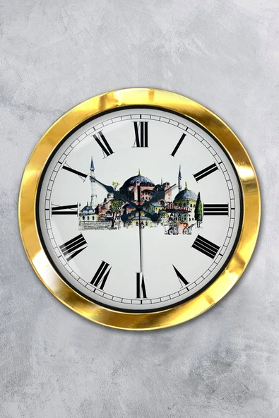 Platin Saat 36 Cm Gold Metal Ayasofya Temalı Duvar Saati