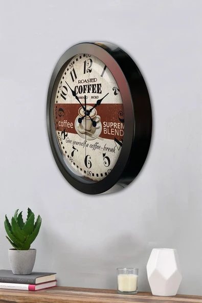 Platin Saat Hediyelik 36 Cm Siyah Metal Espresso Duvar Saati - 3