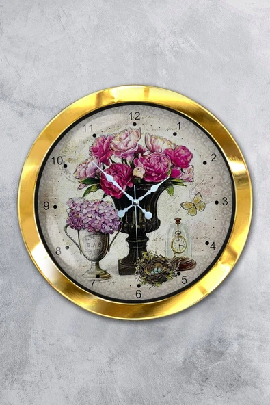 Platin Saat 36 Cm Gold Metal Pembe Çiçek Duvar Saati - 1