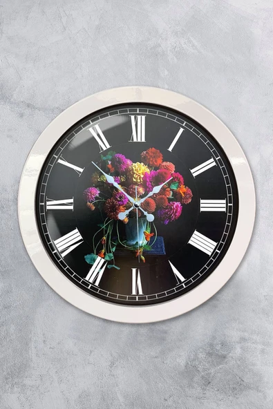 Platin Saat 36 Cm Beyaz Metal Vazolu Çiçek Duvar Saati