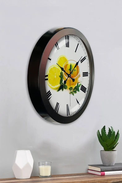 Platin Saat 36 Cm Siyah Metal Limonlu Çay Duvar Saati - 4