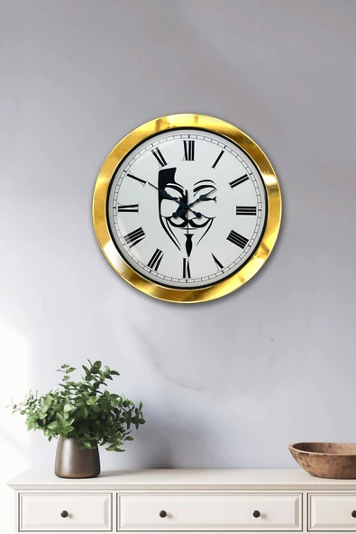Platin Saat Hediyelik 36 Cm Gold Metal Maske Duvar Saati - 2