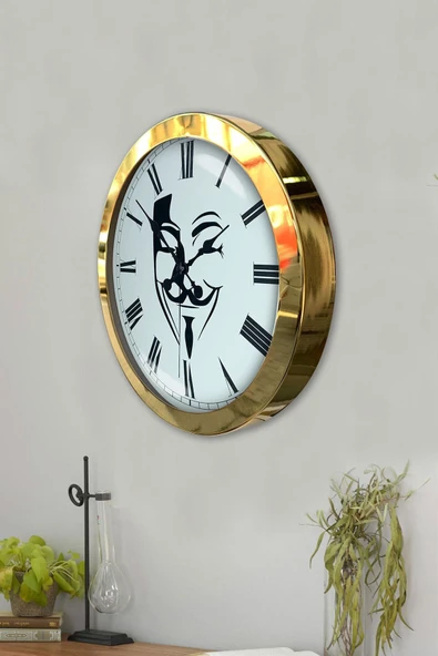 Platin Saat Hediyelik 36 Cm Gold Metal Maske Duvar Saati - 3