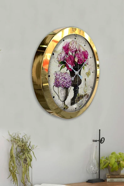 Platin Saat 36 Cm Gold Metal Pembe Çiçek Duvar Saati - 4