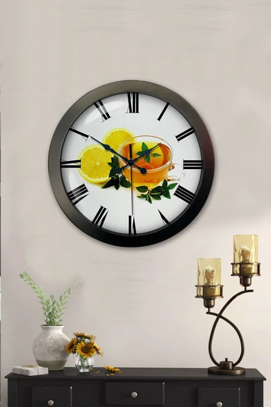 Platin Saat 36 Cm Siyah Metal Limonlu Çay Duvar Saati - 2