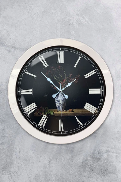 Platin Saat 36 Cm Beyaz Metal Vazolu Çiçek Duvar Saati