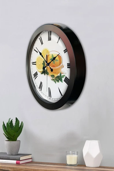 Platin Saat 36 Cm Siyah Metal Limonlu Çay Duvar Saati - 3