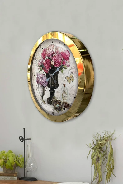 Platin Saat 36 Cm Gold Metal Pembe Çiçek Duvar Saati - 3