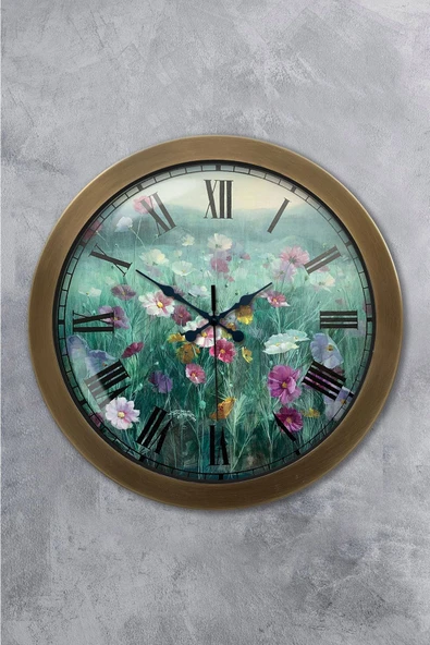 Platin Saat 36 cm Eskitme Metal Çiçek Duvar Saati