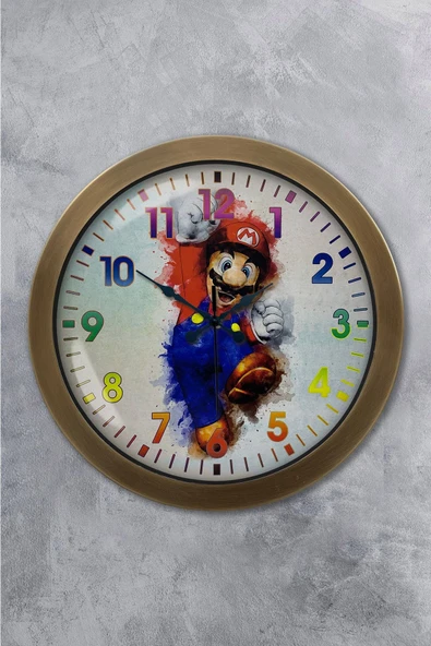 Platin Saat 36 cm Eskitme Metal Mario Duvar Saati