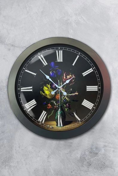 Platin Saat 36 Cm Antrasit Metal Vazolu Çiçek Duvar Saati