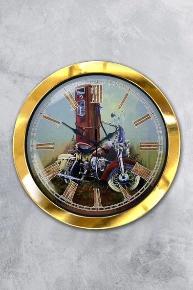 Platin Saat Hediyelik 36 Cm Gold Metal Motorsiklet Duvar Saati