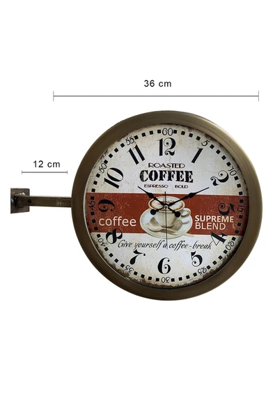 Platin Saat 36 Cm Eskitme Metal Espresso Istasyon Duvar Saati - 2