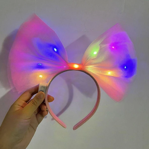 Rengarenk Led Işıklı Fiyonk Şekilli Tül Parti Tacı Pembe Renk 25x25 cm - 2