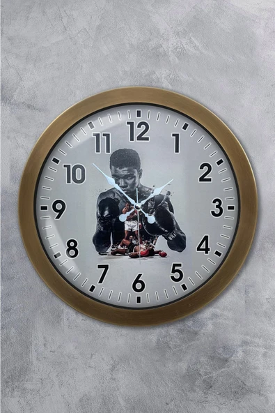 Platin Saat Eskitme Metal Muhammed Ali Duvar Saati 36 cm
