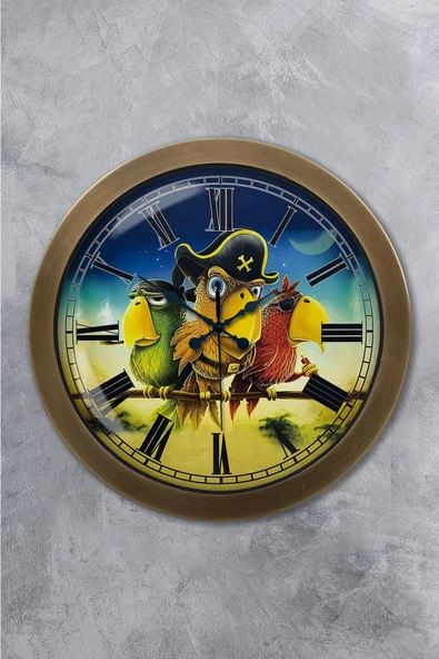 Platin Saat 36 Cm Eskitme Metal Korsan Papağan Duvar Saati
