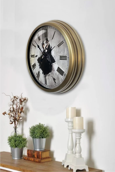 Platin Saat Sarı Eskitme Metal Dans Duvar Saati - 3