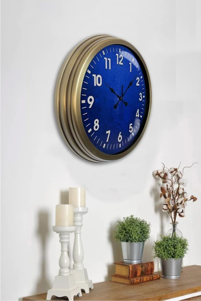 Platin Saat 40 Cm Eskitme Metal Mavi Duvar Saati - 2
