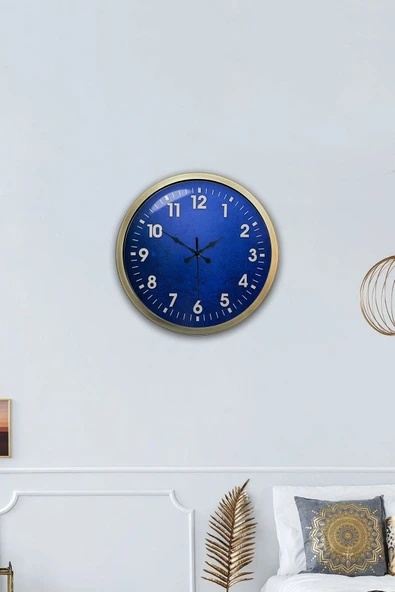Platin Saat 40 Cm Eskitme Metal Mavi Duvar Saati - 4