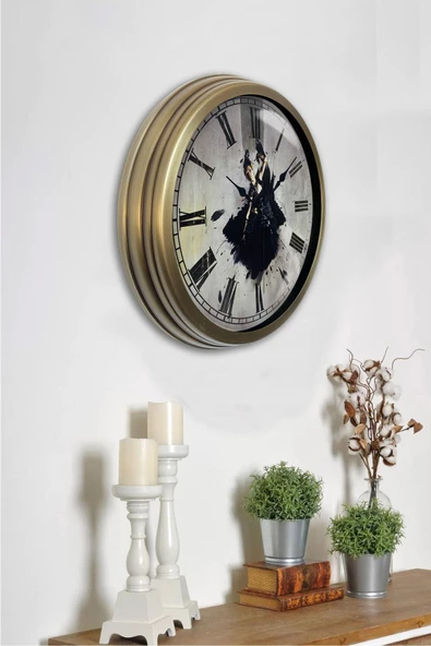 Platin Saat Sarı Eskitme Metal Dans Duvar Saati - 2