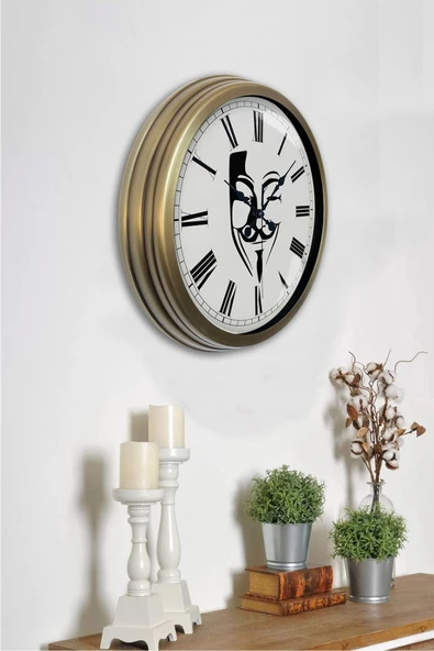 Platin Saat Hediyelik 40 Cm Eskitme Metal Maske Duvar Saati - 2