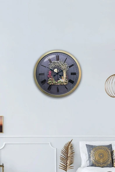 Platin Saat 40 cm Eskitme Metal Ay Hediyelik Duvar Saati - 4