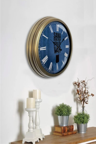 Platin Saat 40 cm Eskitme Metal Çay Hediyelik Duvar Saati - 2