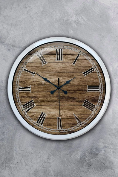 Platin Saat 40 Cm Beyaz Metal Ahşap Görünümlü Duvar Saati