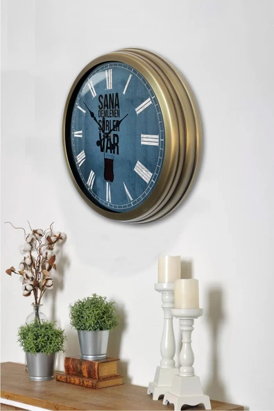 Platin Saat 40 cm Eskitme Metal Çay Hediyelik Duvar Saati - 3