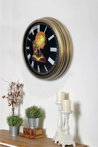Platin Saat 40 cm Eskitme Metal Kitap - Insan Duvar Saati - 3