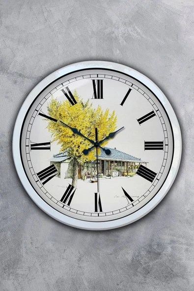 Platin Saat Hediyelik 40 Cm Beyaz Metal Manzara Duvar Saati - 1