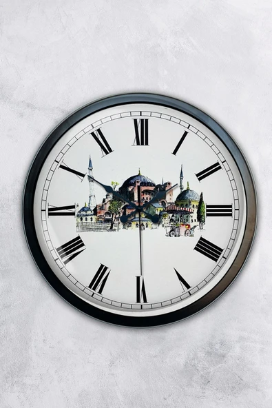 Platin Saat 40 Cm Siyah Metal Ayasofya Temalı Duvar Saati - 1
