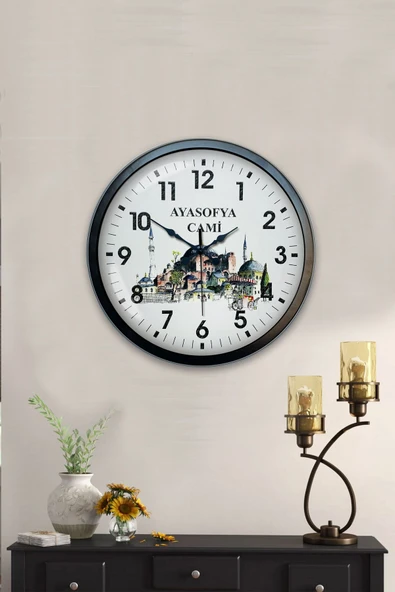 Platin Saat 40 Cm Siyah Metal Ayasofya Cami Duvar Saati - 4