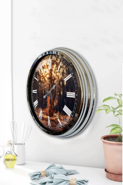Platin Saat Hediyelik Dekoratif 40 Cm Krom Metal Çello Duvar Saati - 3