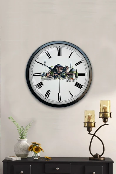 Platin Saat 40 Cm Siyah Metal Ayasofya Temalı Duvar Saati - 4
