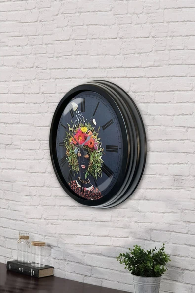Platin Saat Hediyelik 40 Cm Siyah Metal Flowers Duvar Saati - 3