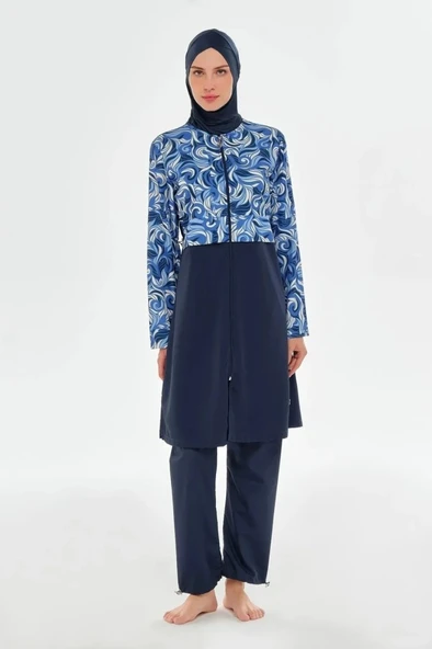 Rozamay 253502 Viola Lacivert  Tam Boy Lycralı Dijital Desen Tesettür Mayo - Resim 4