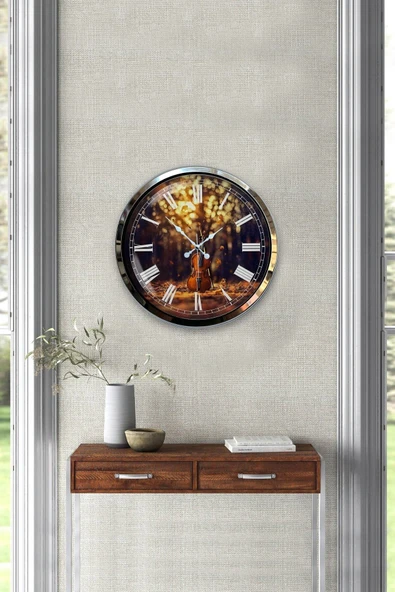 Platin Saat Hediyelik Dekoratif 40 Cm Krom Metal Çello Duvar Saati - 4