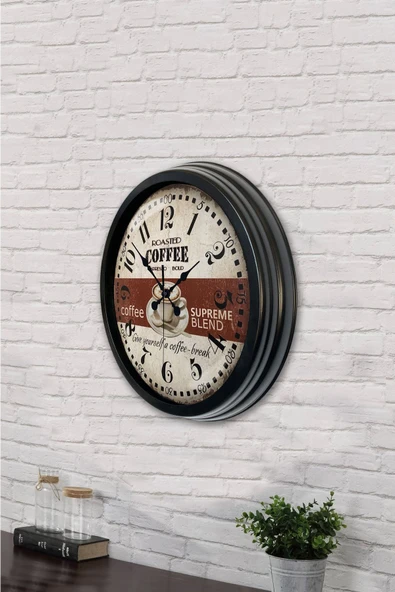 Platin Saat Hediyelik 40 Cm Siyah Metal Espresso Duvar Saati - 3